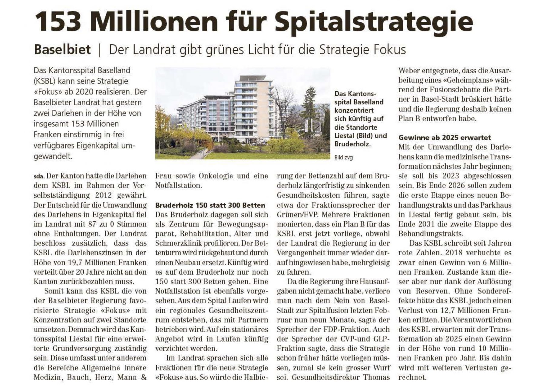 Thomas Weber, Volksstimme: „153 Millionen für Spitalstrategie – Der Landrat gibt grünes Licht für die Strategie Fokus“