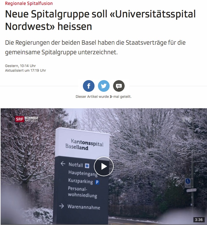 Thomas Weber, SRF: „Regionale Spitalfusion – Neue Spitalgruppe soll «Universitätsspital Nordwest» heissen“
