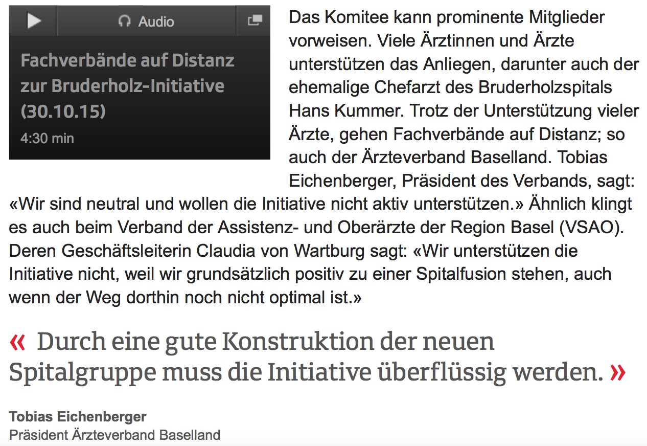 Thomas Weber, SRF Regionaljournal: „Baselbieter Ärzteverbände unterstützen Bruderholzinitiative nicht“