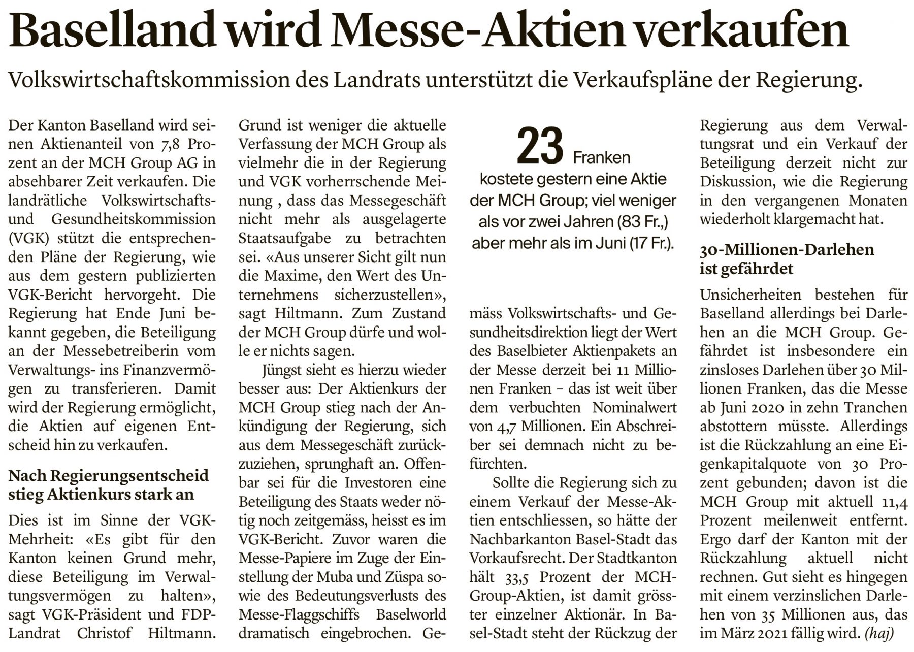 Thomas Weber, bz: „Baselland wird Messe-Aktien verkaufen“